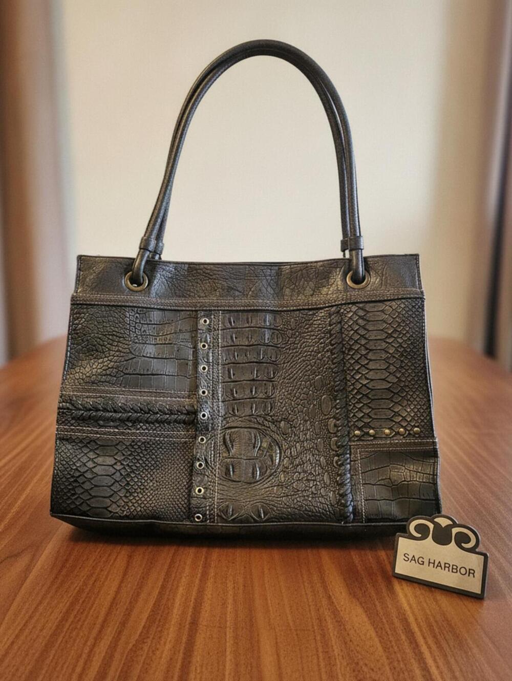 Sag Harbor Black Embossed Vegan Leather Tote Shoulder Bag